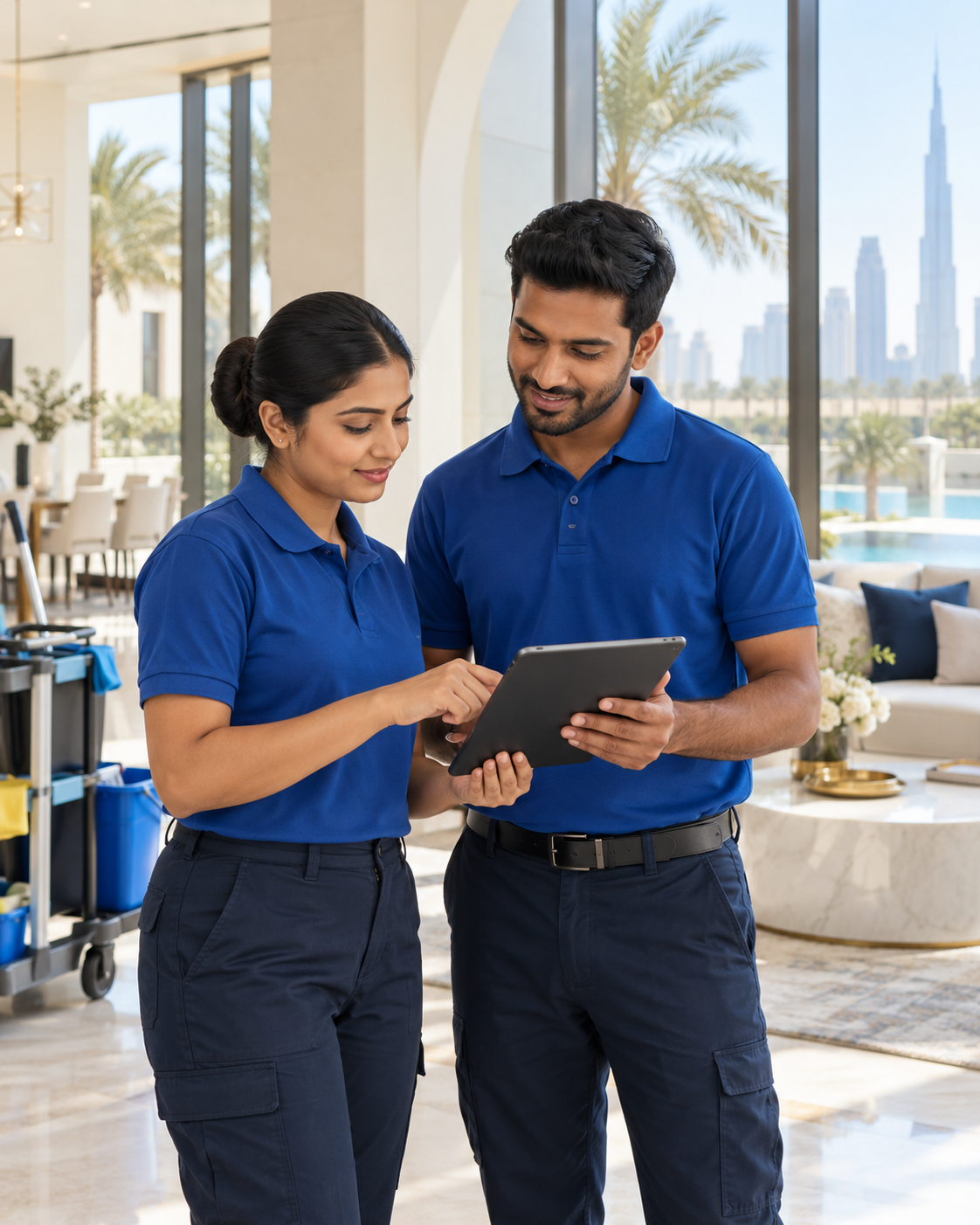 Service team reviewing a tablet together in a modern Dubai villa